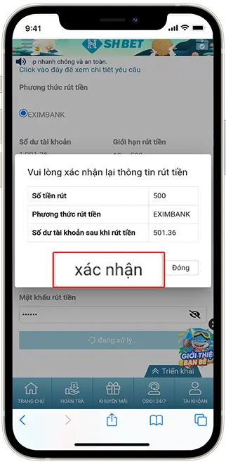 Bước 4: Kiểm tra lại thông tin và số tiền cần rút sau đó XÁC NHẬN